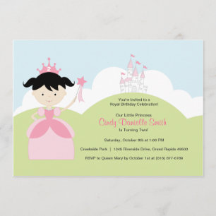 Convite Princesa de aniversário de Cabelo Negro em Rosa c