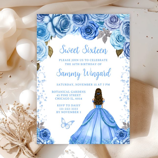 Convite Princesa de Cabelo Castanho Azul Bebê Sweet Sixtee (Criador carregado)