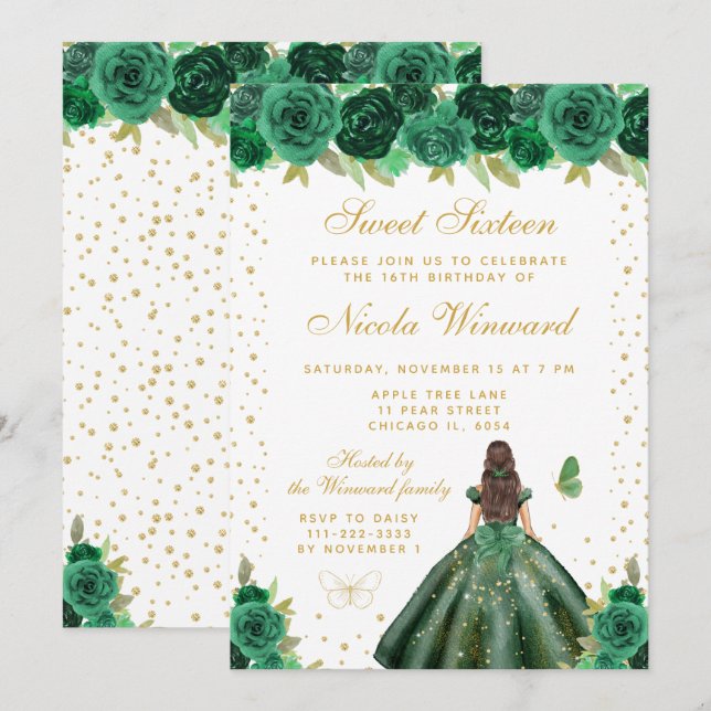 Convite Princesa de Cabelo Castanho Floral Verde Sweet Six (Frente/Verso)