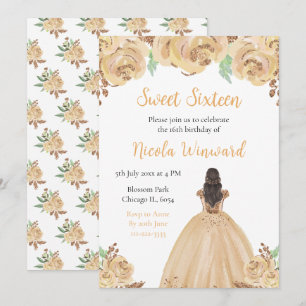Convite Princesa de Cabelo Castanho Peach Floral Sweet Ses