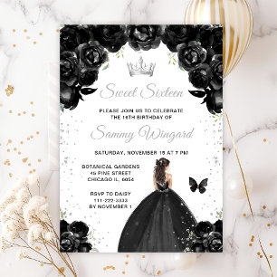 Convite Princesa de Cabelo Castanho Preto Sweet Sixteen