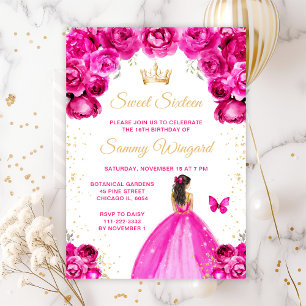 Convite Princesa de Cabelo Castanho Rosa Quente Aniversári