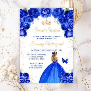Convite Princesa de Cabelo Loiro Azul Real Sweet Sixteen