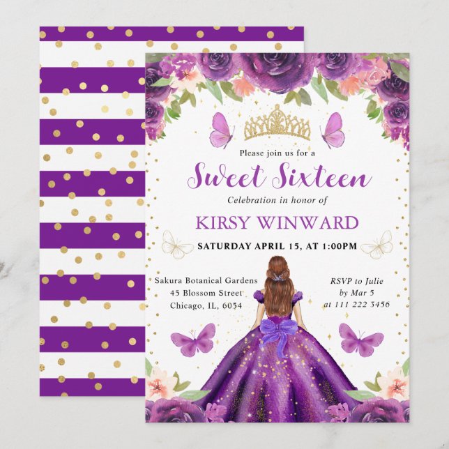 Convite Princesa de Cabelo Vermelho com Vestido Roxo Doce  (Frente/Verso)