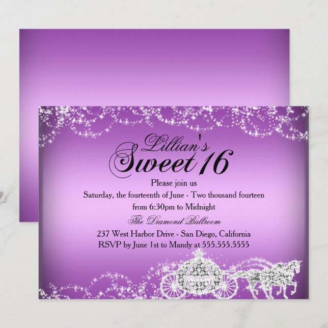 Convite Princesa de Carruagem de Cavalo Roxo Sweet (Frente/Verso)