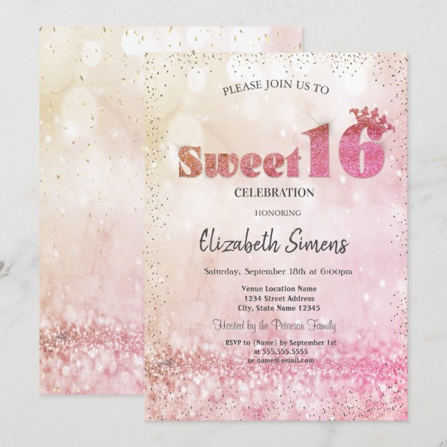 Convite Princesa de Confetes Dourados Bokeh Sweet 16 (Frente/Verso)