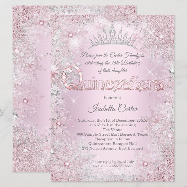 Convite Princesa de festa de Quinze anos Floco de neve Pra (Frente/Verso)