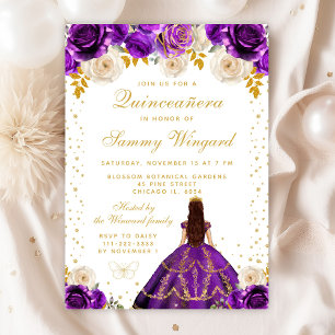 Convite Princesa de Floral Roxa Quinceañera