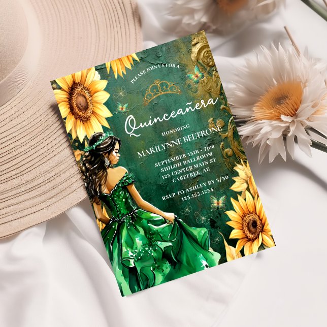 Convite Princesa de Girassol Dourada Verde Quinceañera (Criador carregado)