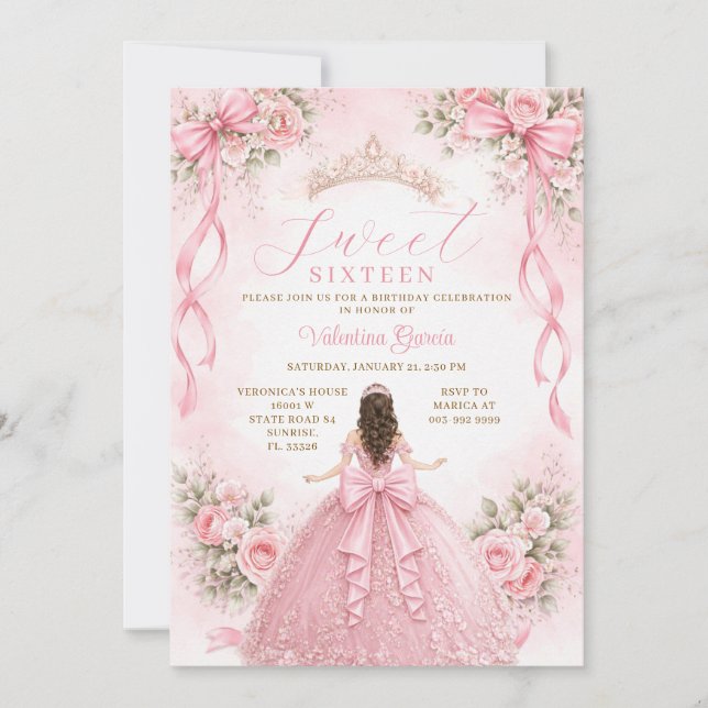 Convite Princesa de Laço Rosa Vestido de Baile Sweet Sixte (Frente)