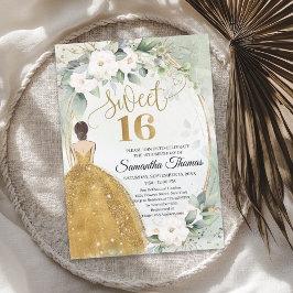 Convite Princesa de ouro, rosas brancas, folhagem verde