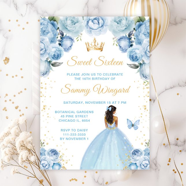 Convite Princesa de Pele Morena Azul Claro Doce Dezesseis  (Criador carregado)