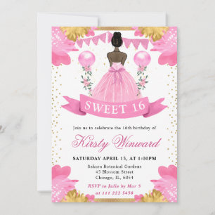 Convite Princesa de Pele Morena de Vestido Rosa Doce 16