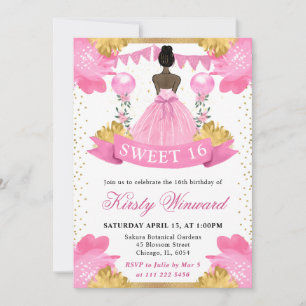 Convite Princesa de Pele Morena Vestido Rosa Sweet 16