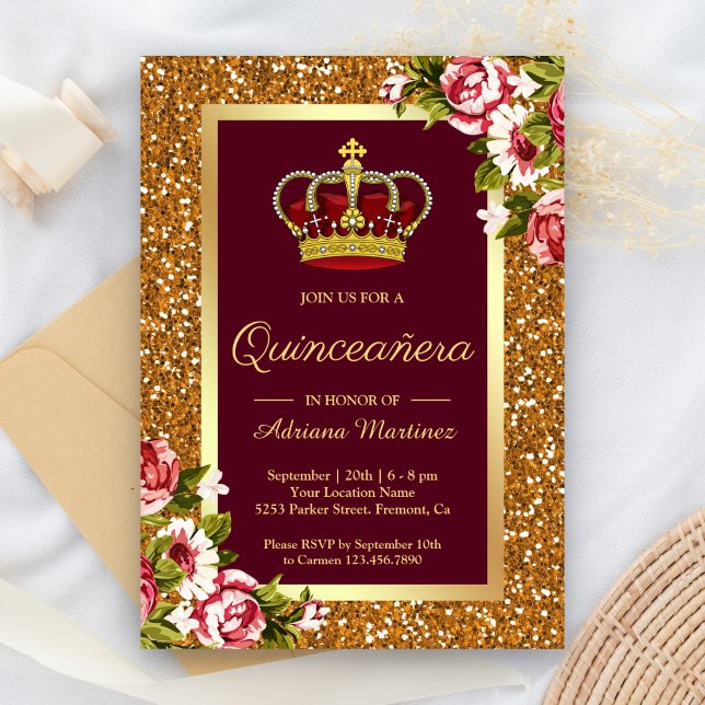 Convite Princesa de Purpura com Brilho Dourado para Quince (Criador carregado)