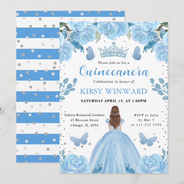 Convite Princesa de Quinze Anos de Vestido Azul Claro e Ca (Frente/Verso)