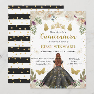Convite Princesa de Quinze Anos de Vestido Preto e Cabelo 