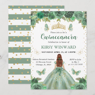 Convite Princesa de Quinze Anos de Vestido Verde e Cabelo