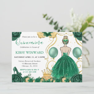 Convite Princesa de Quinze Anos de Vestido Verde e Cabelo