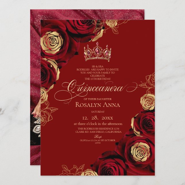 Convite Princesa de Rosas Vermelhas Quinceañera (Frente/Verso)