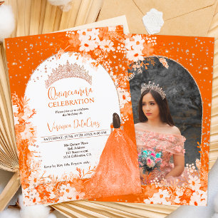 Convite princesa de tiara floral laranja rosa Quinceanera