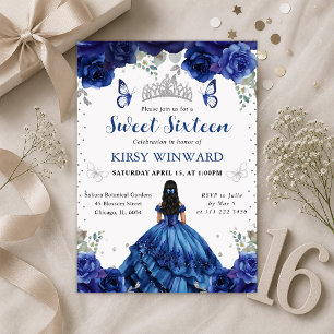 Convite Princesa de Vestido Azul e Cabelo Preto Doce 16