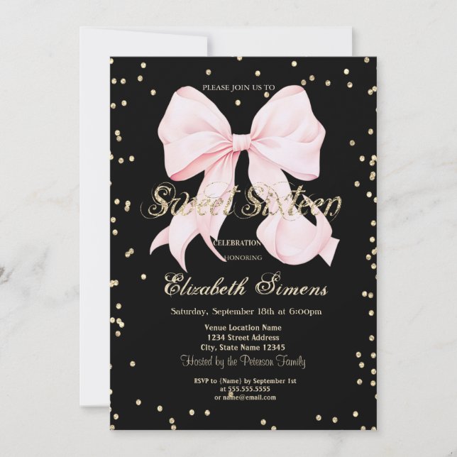 Convite Princesa Diamantes Laço Rosa Sweet 16 (Frente)