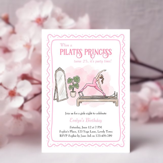 Convite Princesa do Pilates Rosa Noite de Meninas Aniversá (Pilates Princess birthday invitation with hand-drawn wiggly frame and reformer pilates scene)