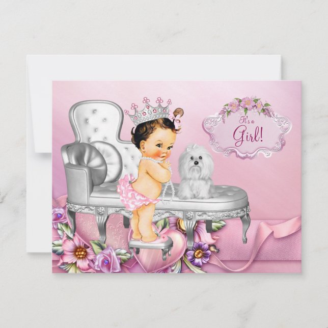 Convite Princesa do Trono Rosa Chuveiro de Bebê Pérola (Frente)
