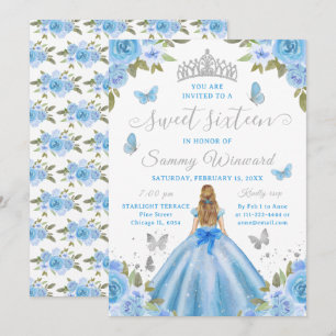 Convite Princesa dos Doze Anos Floral Azul Tiara Prateada