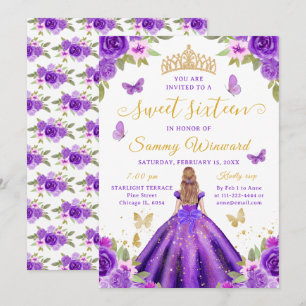 Convite Princesa dos Doze Anos Floral Roxo Tiara Dourada