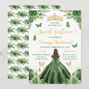 Convite Princesa dos Doze Anos Floral Verde Tiara Dourada