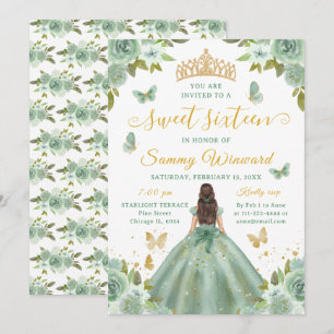 Convite Princesa dos Doze Anos Floral Verde Tiara Dourada