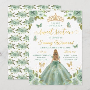 Convite Princesa dos Doze Anos Floral Verde Tiara Dourada