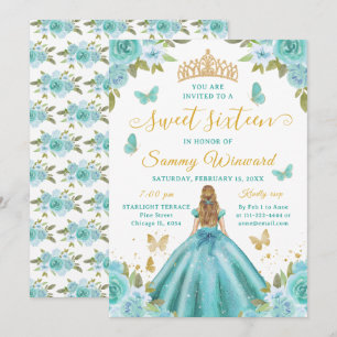Convite Princesa dos Doze Anos Turquesa Floral Tiara Doura