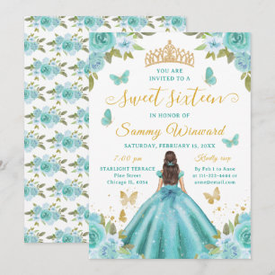 Convite Princesa dos Doze Anos Turquesa Floral Tiara Doura