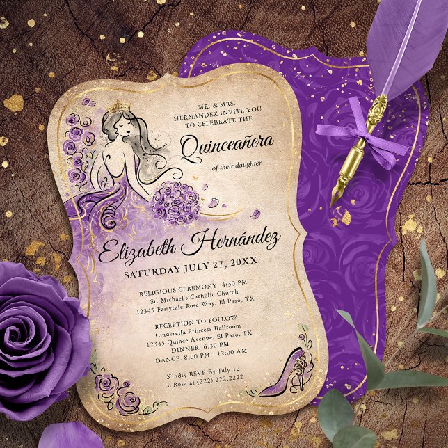 Convite Princesa Dourada Elegante Quinceanera Birthday (Unique, elegant gold and purple quinceanera princess invitations on an editable DIY template.)
