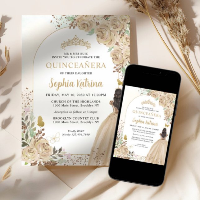 Convite Princesa Dourada Floral Birthday Quinceanera (Criador carregado)