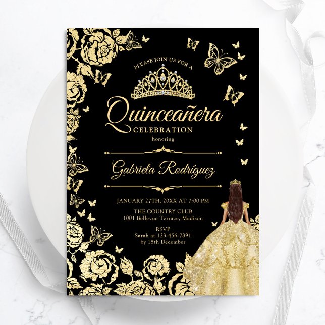 Convite Princesa Dourada Negra Quinceanera (Criador carregado)