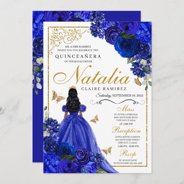 Convite Princesa Dourada Real e Borboletas Quinceañera (Frente/Verso)