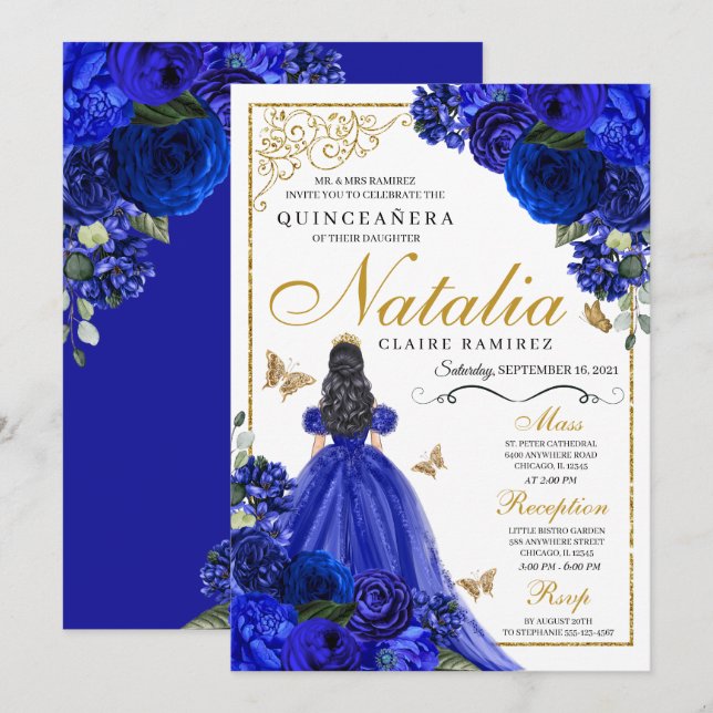 Convite Princesa Dourada Real e Borboletas Quinceañera (Frente/Verso)