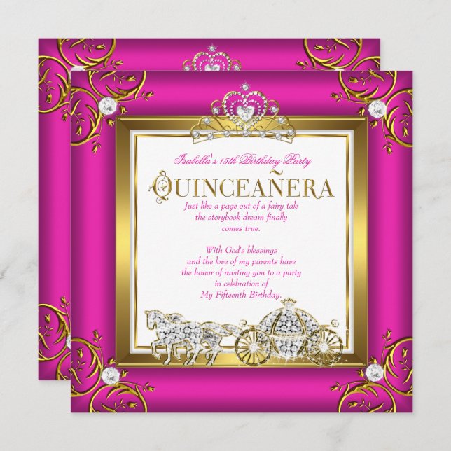 Convite Princesa Dourada Rosa Quinceanera 15 Aniversário (Frente/Verso)