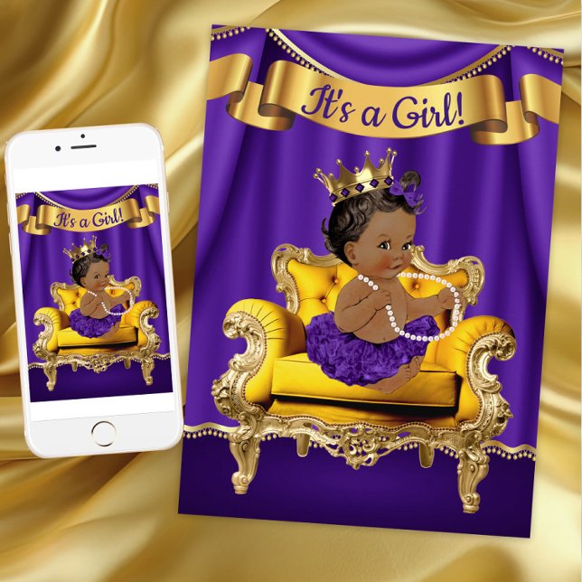 Convite Princesa Dourada Roxa - Chamas para Bebê (Purple and gold princess baby shower invitation. Digital download and printed invitations available.)