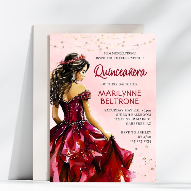 Convite Princesa Dourada Vermelha Quinceañera (Criador carregado)