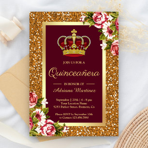 Convite Princesa Dourado Borgonha Floral Quinceanera do