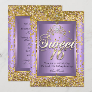 Convite Princesa Doze Aniversário Dourado Lavanda Roxo Fes