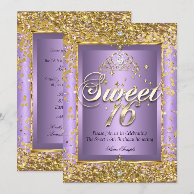 Convite Princesa Doze Aniversário Dourado Lavanda Roxo Fes (Frente/Verso)