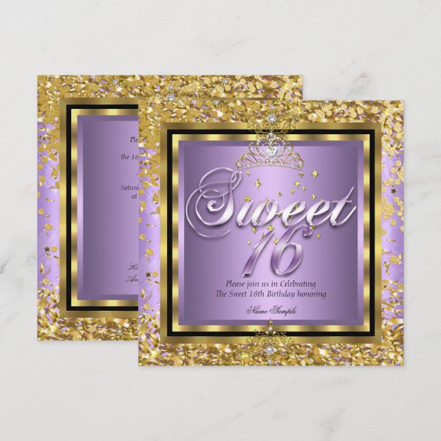 Convite Princesa Doze Anos Ouro Lilás Roxo Festa (Frente/Verso)