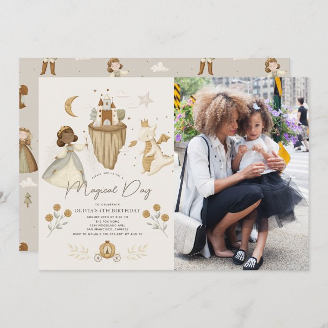 Convite Princesa Dragão Fairytale - Pele Escura Foto de An (Frente/Verso)