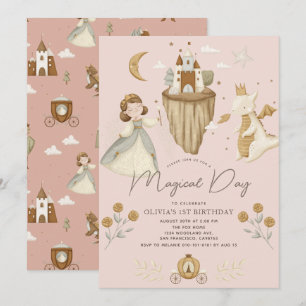 Convite Princesa e Dragão Boho Fairytale primeiro aniversa